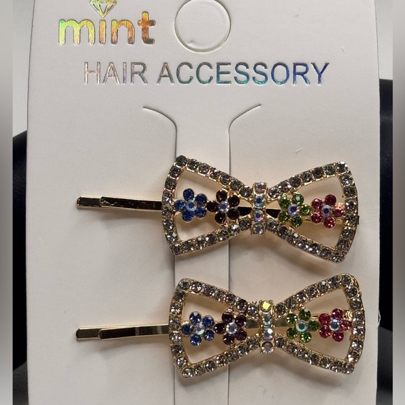Mint Accessories - Mint Gold and Multi-color Bow Shape Hair Clips Sparkling Accessories